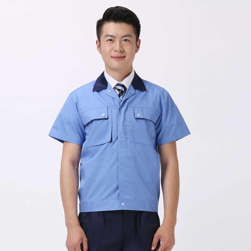 夏季薄款长袖工作服套装男蓝色劳保服工厂车间