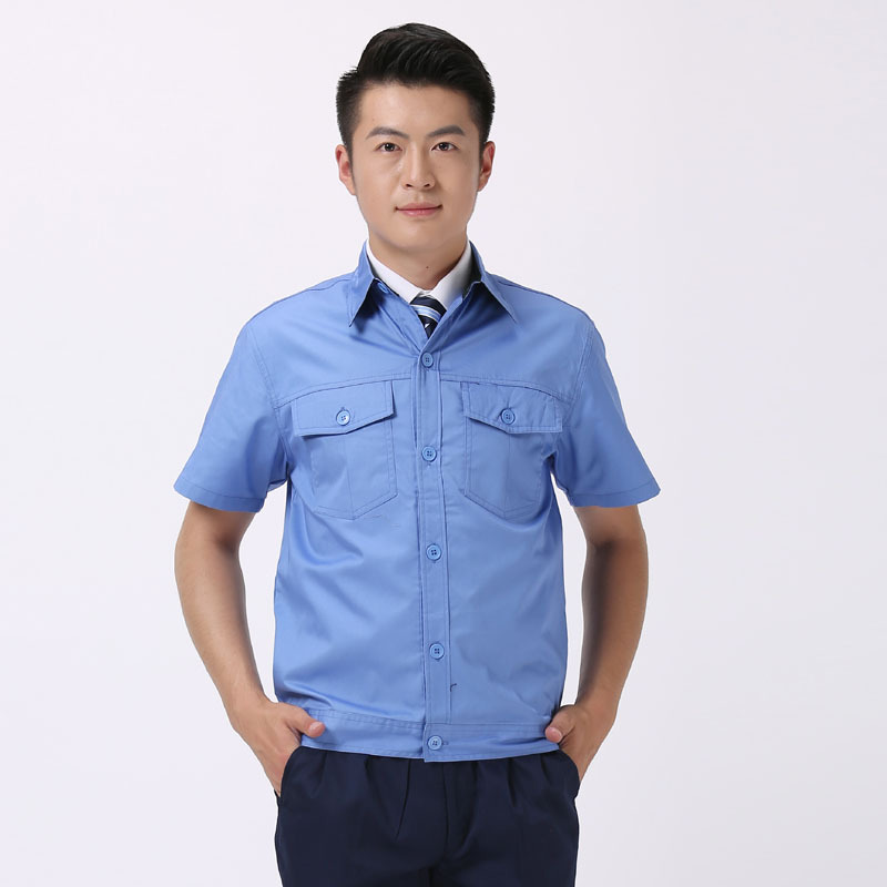 夏季薄款长袖工作服套装男蓝色劳保服工厂车间